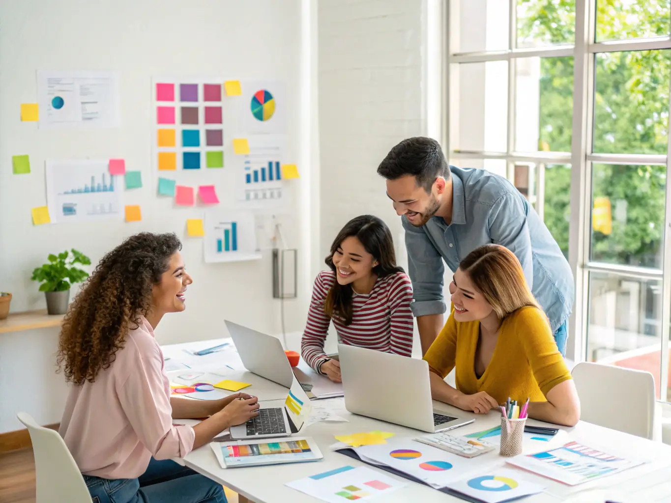 A professional photo showcasing a team of advertising specialists collaborating in a modern office setting, analyzing data on multiple screens, with charts and graphs illustrating advertising performance metrics.