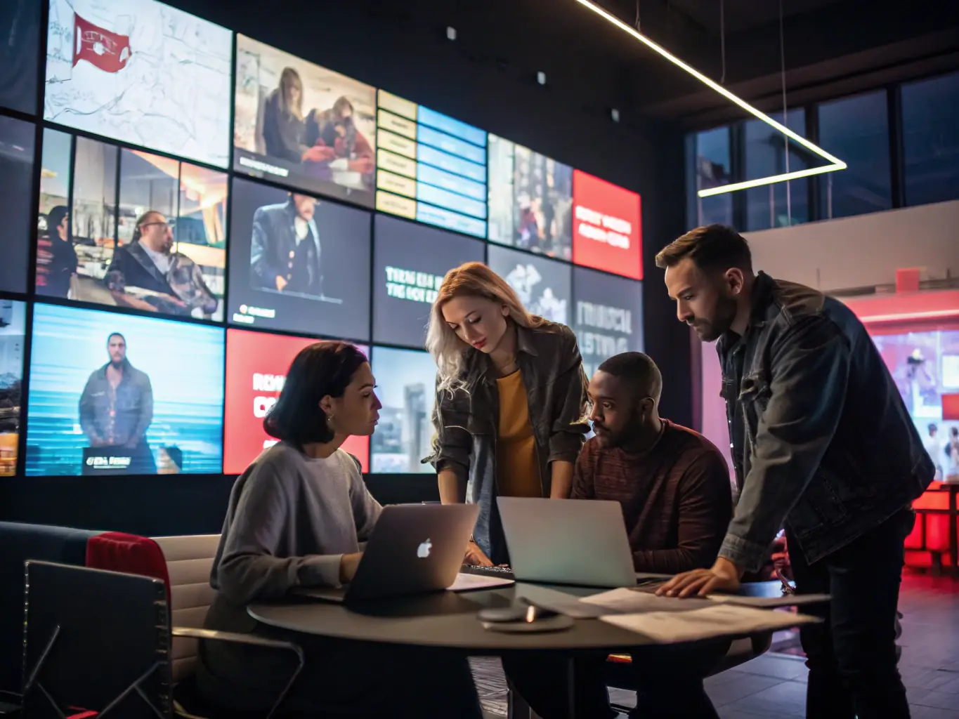 A dynamic image showing a diverse team of advertising professionals collaborating in a modern office setting, brainstorming ideas and analyzing data on large screens.