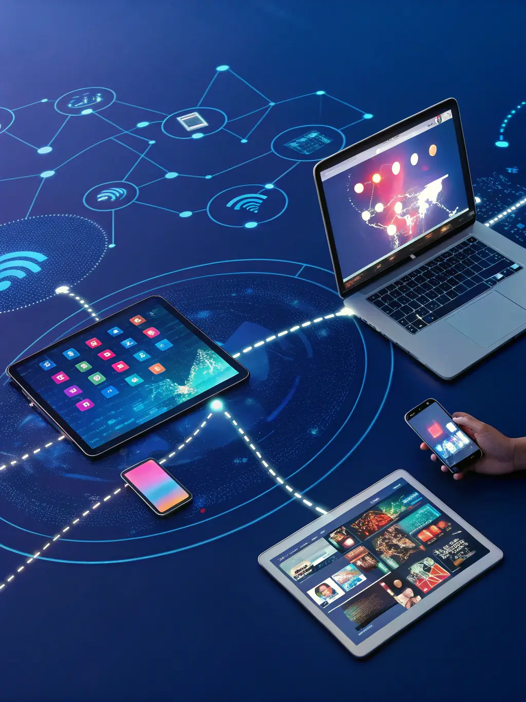 A high-quality image depicting a network of interconnected devices, symbolizing the reach and connectivity of RSoC advertising, used by Astro Media Group.