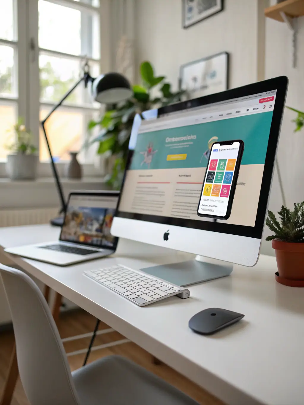 A modern design showcasing mobile and desktop devices displaying various advertisements, highlighting Astro Media Group's expertise in cross-platform advertising solutions.