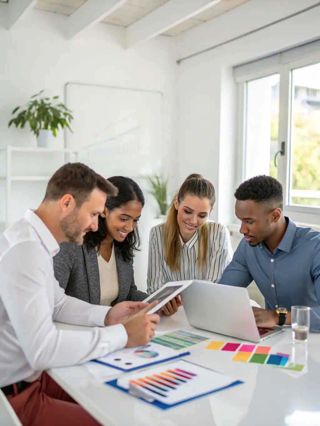 A professional, eye-level shot of a diverse team collaborating around a table, analyzing arbitrage strategies on multiple screens, reflecting Astro Media Group's expertise in arbitrage advertising.
