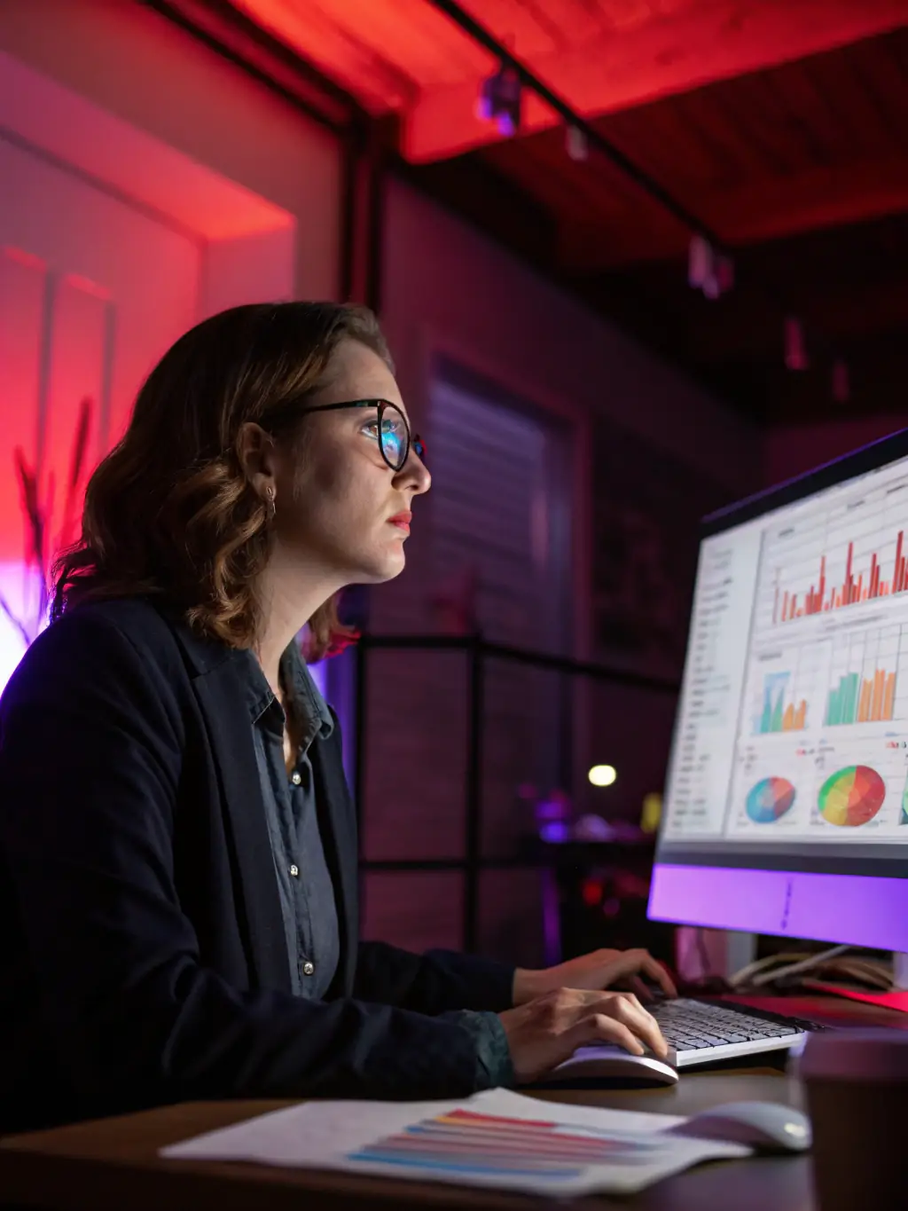 A professional photo of a data analyst reviewing arbitrage advertising performance metrics on a computer screen, showcasing the precision and data-driven approach of Astro Media Group's arbitrage services.